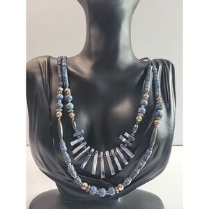 Artisan Blue Beaded Necklace Layered Boho Chic Fashion Jewelry